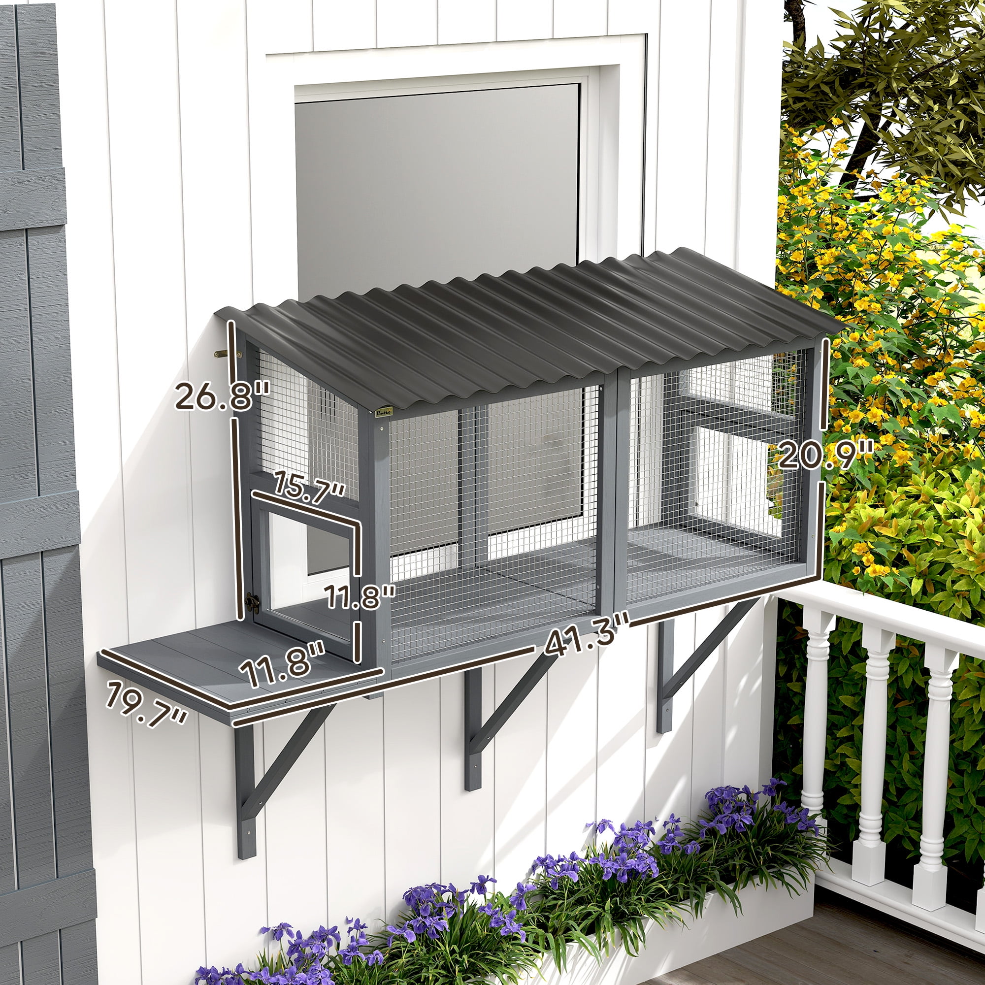 PawHut Outdoor Cat Catio, Wooden Cat Enclosure Window Perch with Jumping Platform, for Safely Enjoying Outdoor Sights, Playing, Sunbathing, Napping