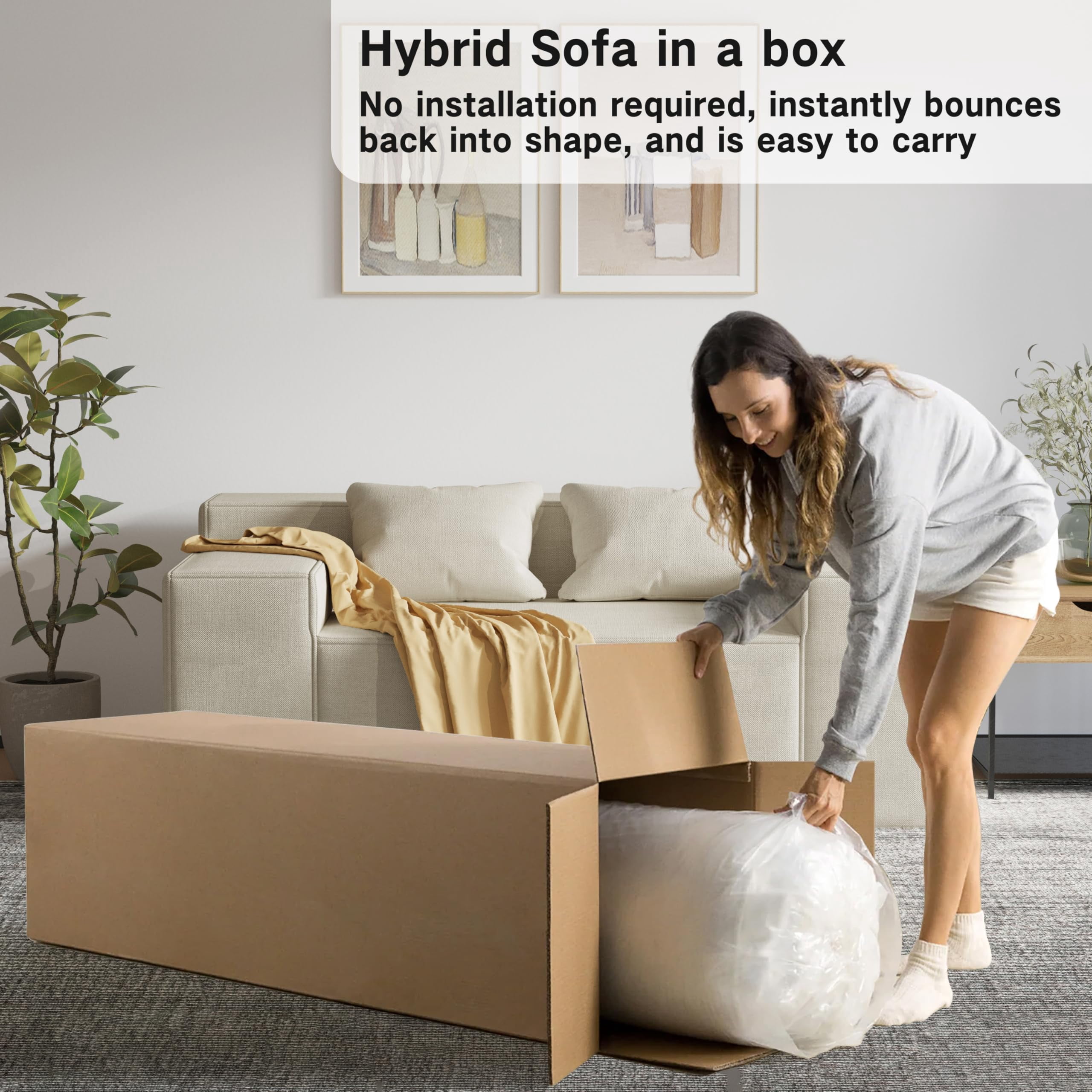 Modern Loveseat, Sofa Couch in a Box, No Assembly Needed, with 2 Pillows, Cat-Scratch Resistant Linen,Small Sofa for for Small Space, Living Room, Bedroom,Beige