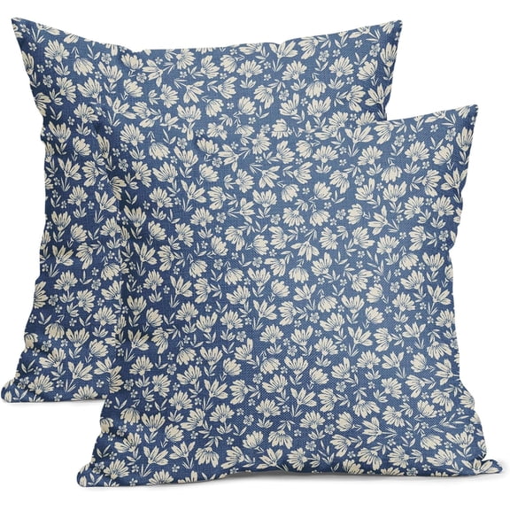 Daisy Floral Block Print Pillow Covers 20X20 Inch Blue Beige Flowers Decorative Square Pillow Cases Set of 2 Farmhouse Home Decor Vintage Rustic Cute Throw Pillows for Sofa Couch Outdoor
