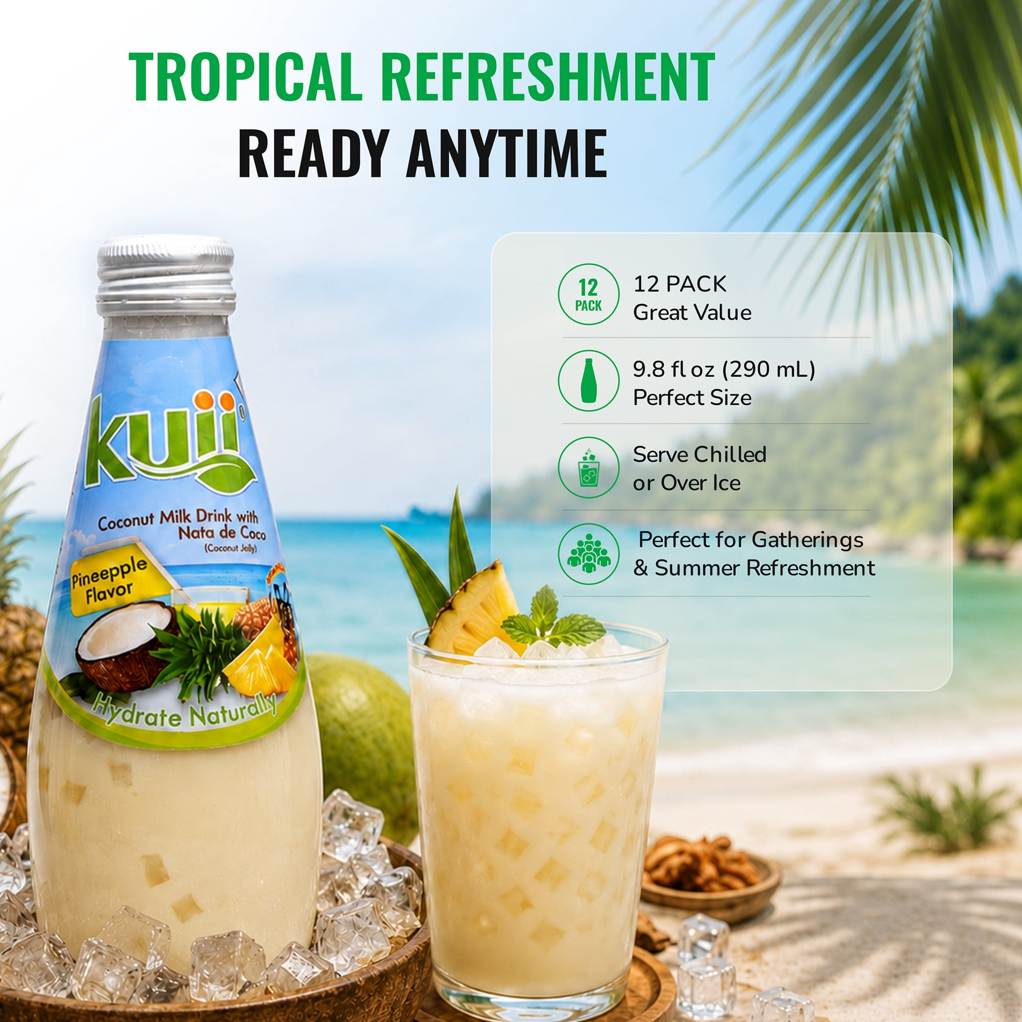 (7 pack) Kuii Drinks Coconut Milk with Nata de Coco, Pineapple, 290 mL Single Glass Bottle