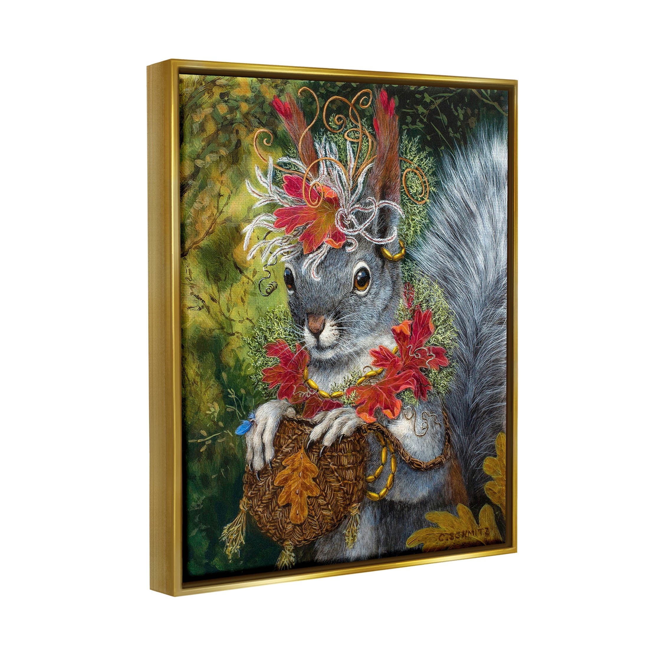 Stupell Industries Wildlife Botanical Squirrel Painting Metallic Gold Floating Framed Canvas Print Wall Art, Design by Carolyn Schmitz