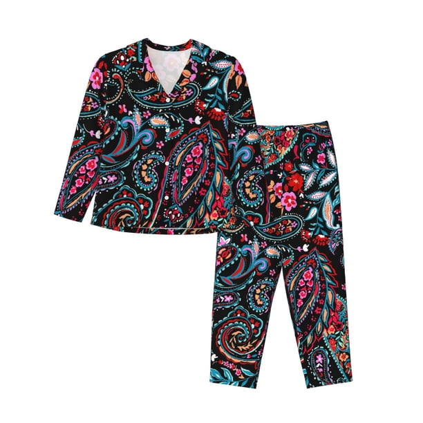 Balery Paisley Conjunto de Pijama con Estampado para Mujer, Conjunto de Dos Piezas con Manga Larga, Ropa de Dormir Suave con Bolsillos, Pijamas Cómodos-Small