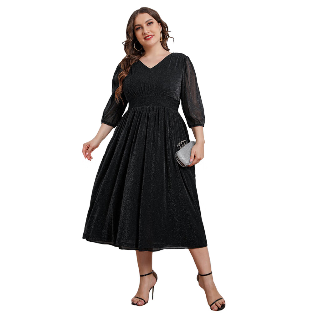 Women's Plus Size Long Sleeve V Neck Dress Casual High Waist Swing