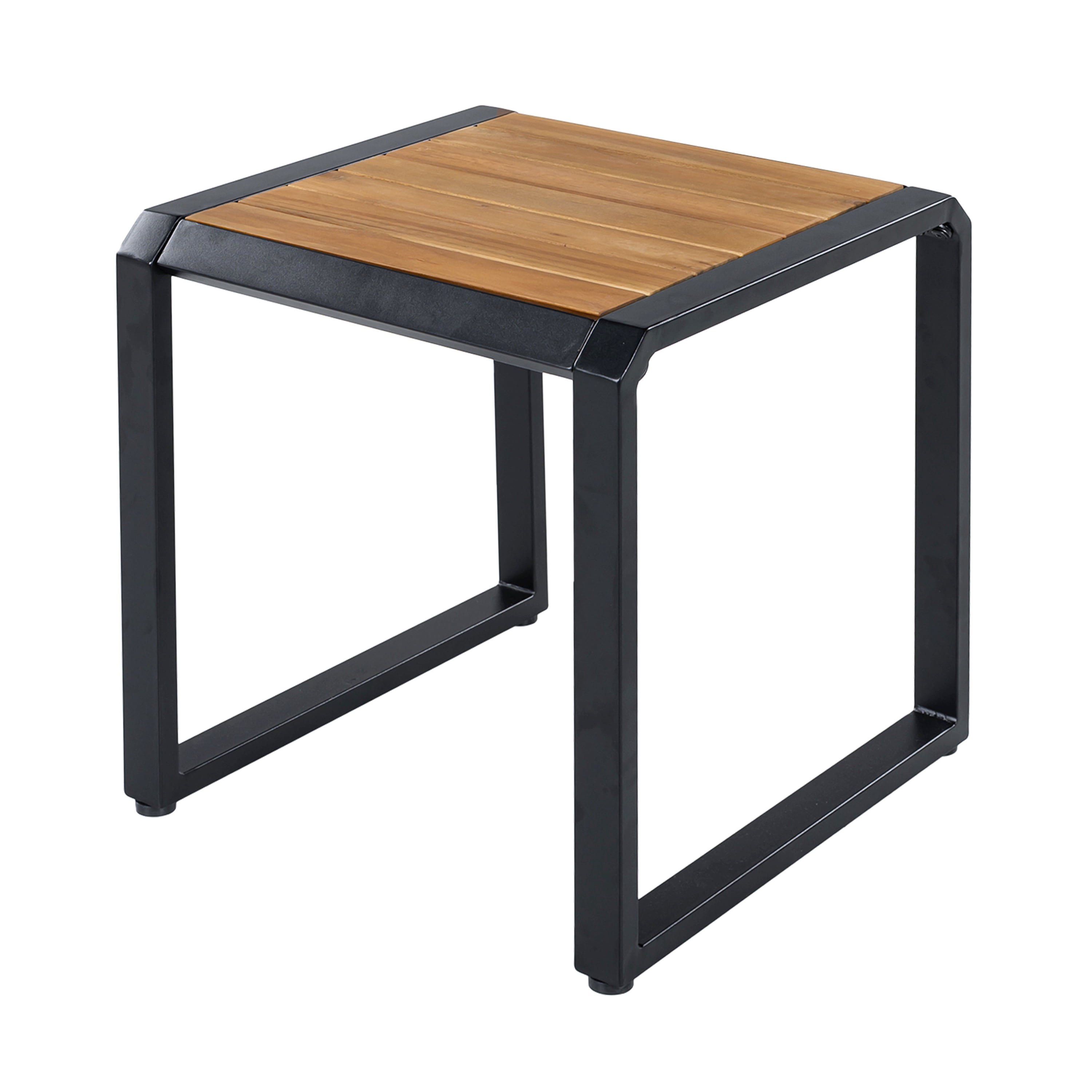 Outdoor Side Table 18.11 Inch, Patio Accent Table with Teak Wood Top and Black Metal Frame, Small End Table for Porch and Poolside, Black and Teak