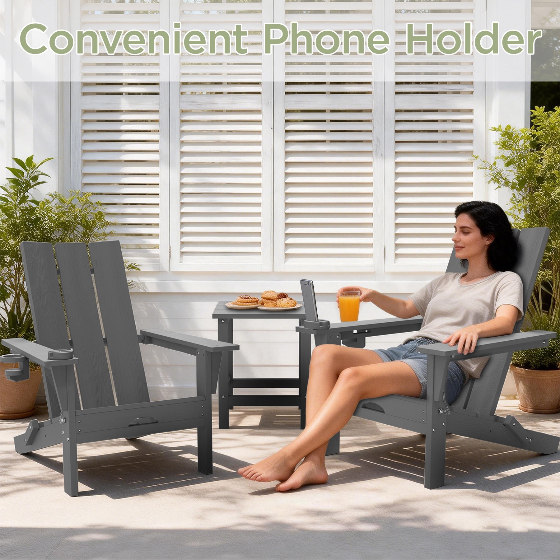 Tappio Folding Adirondack Chair All Weather HDPE Outdoor Patio Chairs with Detachable Multifunctional Holders and Cup Holders, Fire Pit Chairs for Yard Garden Poolside, Gray