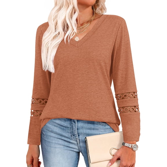 UVN Fall Blouses for Women Long Sleeve V Neck Tunic Tops Casual Hollow Out Curved Hem Dressy Shirts