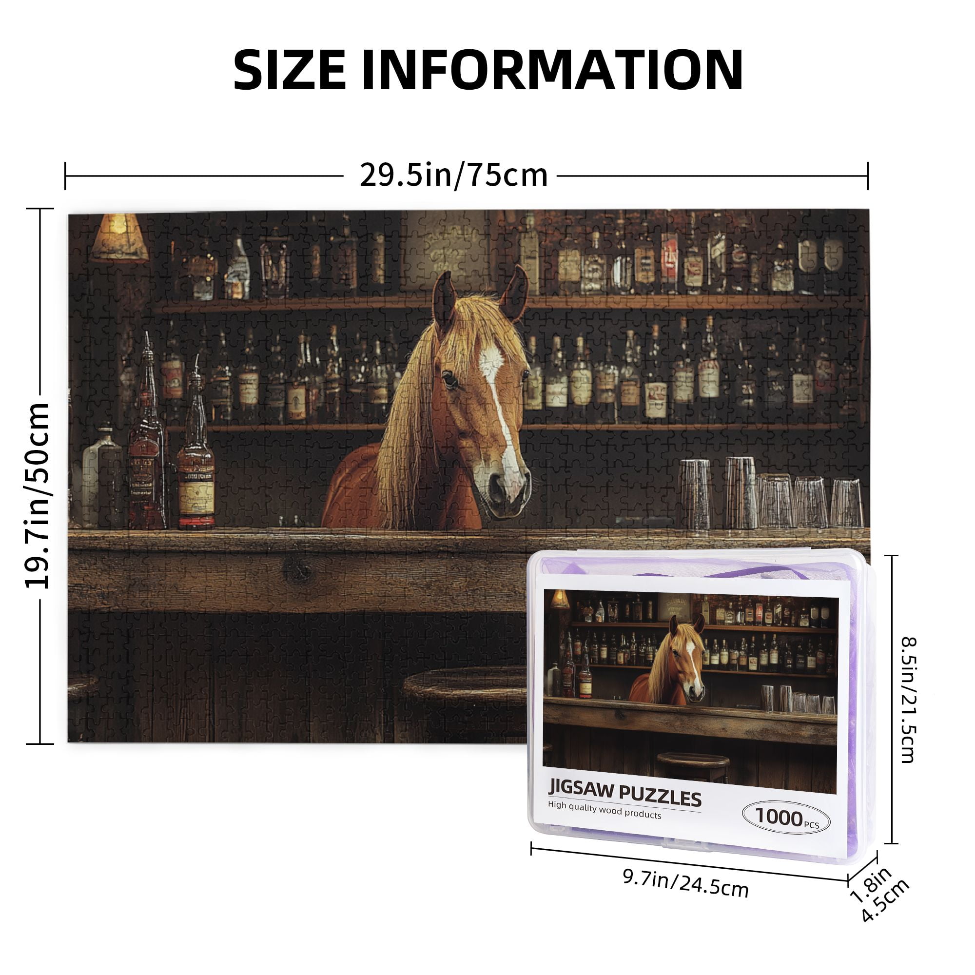 1000 pcs The horse in the tavern Wooden Puzzles 1000 Piece,whimsical Jigsaw Pieces,Funny Animal Art horse in the tavern Charm Puzzle 1000 Piece,Gift for Puzzle & Animal Lovers,Stress relieving puzzle