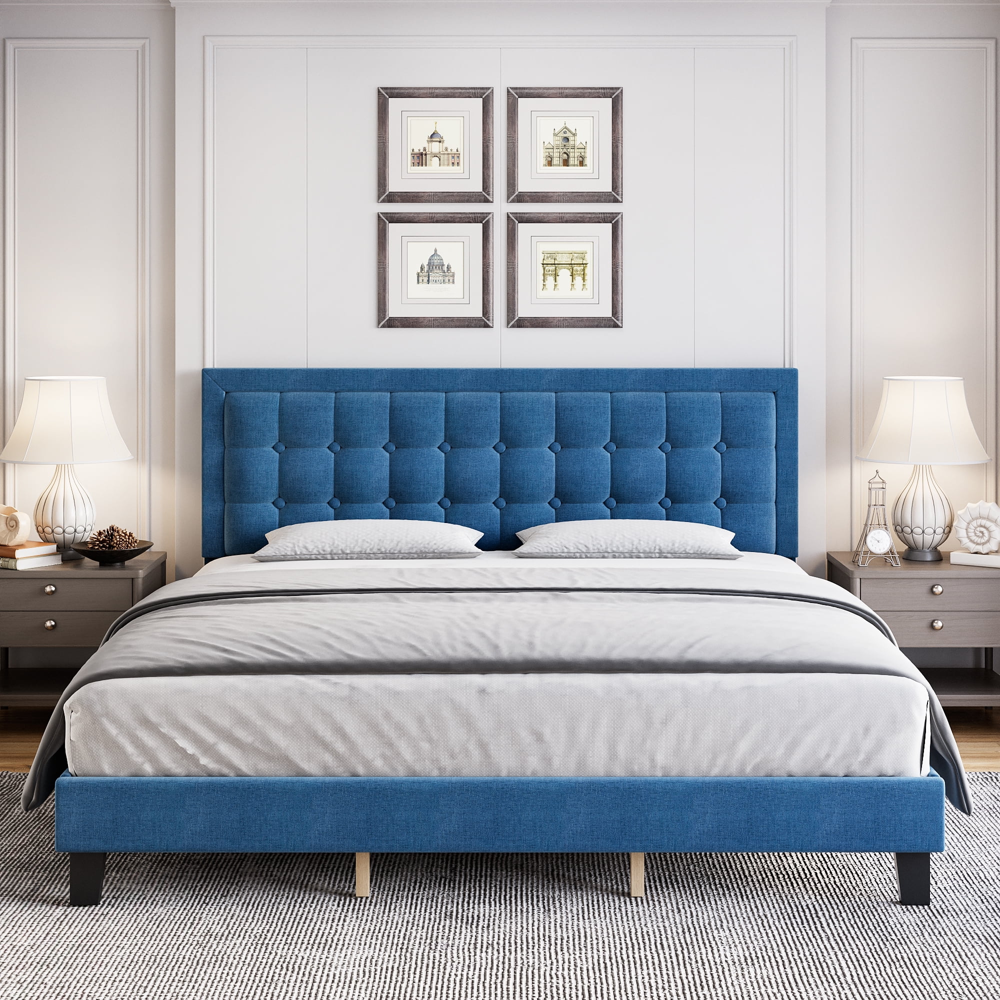 Full/Queen/King Size Bed Frame with Upholstered Button Headboard, Modern Upholstered Platform Bed with Heavy Duty Base and Wood Slat Support, No Box Spring Required, No Noise, Easy Assemble