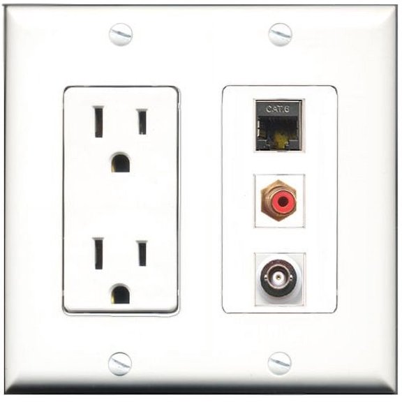 RiteAV - 15 Amp Power Outlet 1 Port RCA Red 1 Port Shielded Cat6 Ethernet Ethernet 1 Port BNC Decorative Wall Plate
