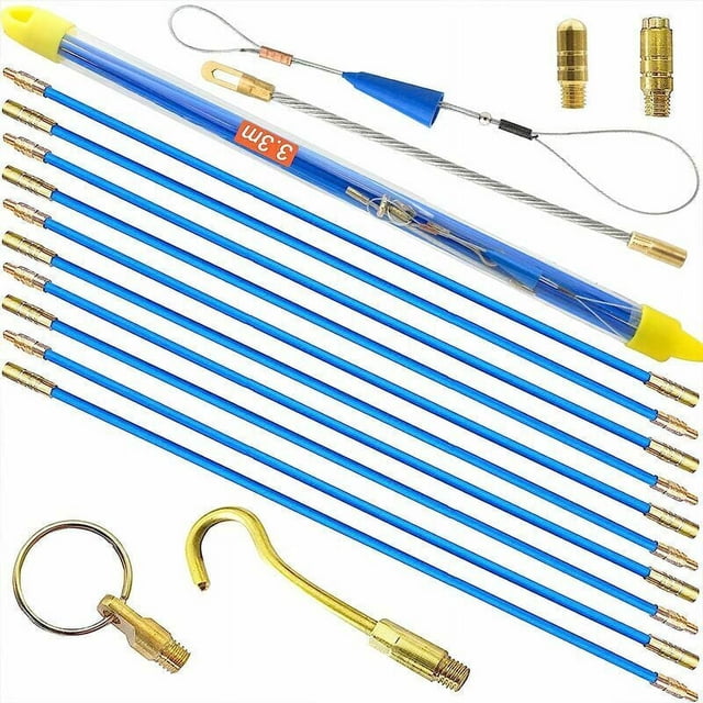 Tiracables Eléctrico 33cm x 10 piezas Juego de varillas de fibra de vidrio, Kit de instalación Retráctil para Cable en Estuche de Plástico