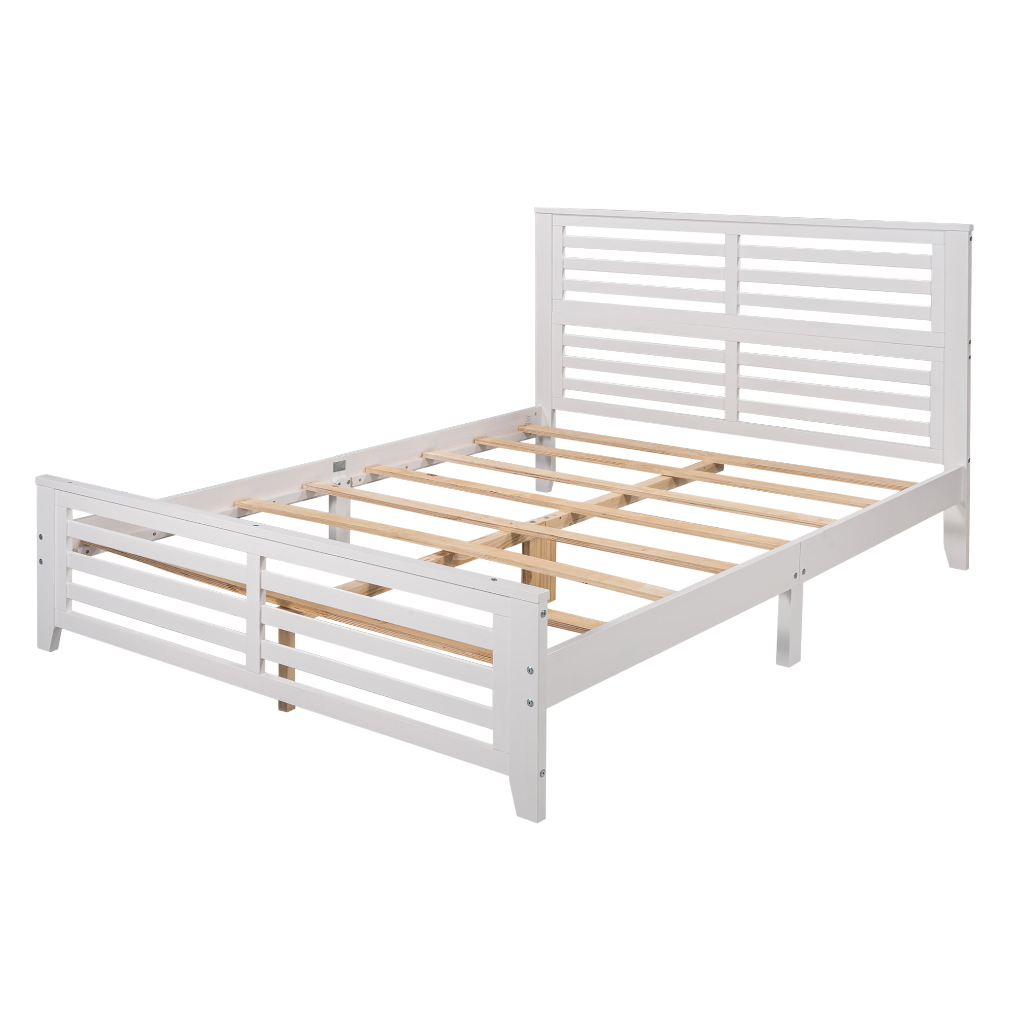 Queen Size Pine Wood Platform Bed Frame with Horizontal Strip Hollow Shape White 