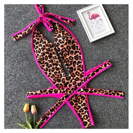 Sexy Bikini Women s Cut-out Black Leopard Thong Front Tie Swimsuit Halter