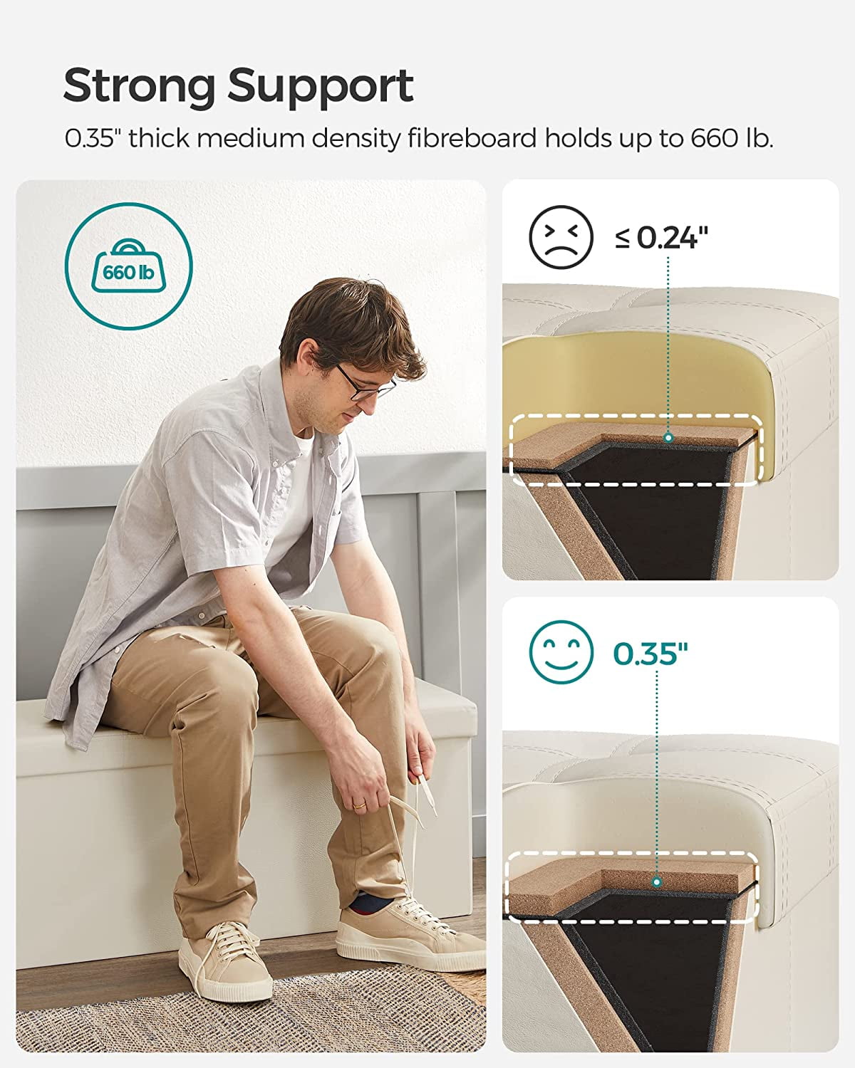 SONGMICS 43" Storage Ottoman Bench Leather Ottoman with Storage Hold up to 660lb Footstools for Bedroom Beige