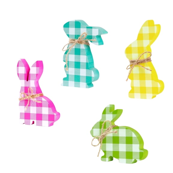 4Pack Easter Bunny 10.1"/5.9"/5", Wooden Signs Spring Bunny Wood Table Centerpieces Tiered Tray Decor Freestanding Rabbit Shape Tabletop Decoration with Jute Rope for Farmhouse Party Home Office Gift