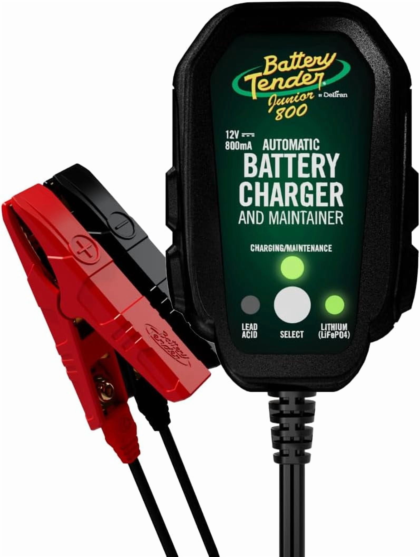 Junior 12V, 800mA Battery Charger and Maintainer for Lead Acid and Lithium Batteries - Switchable Battery Charger for Powersports - 022-0199-DL-WH