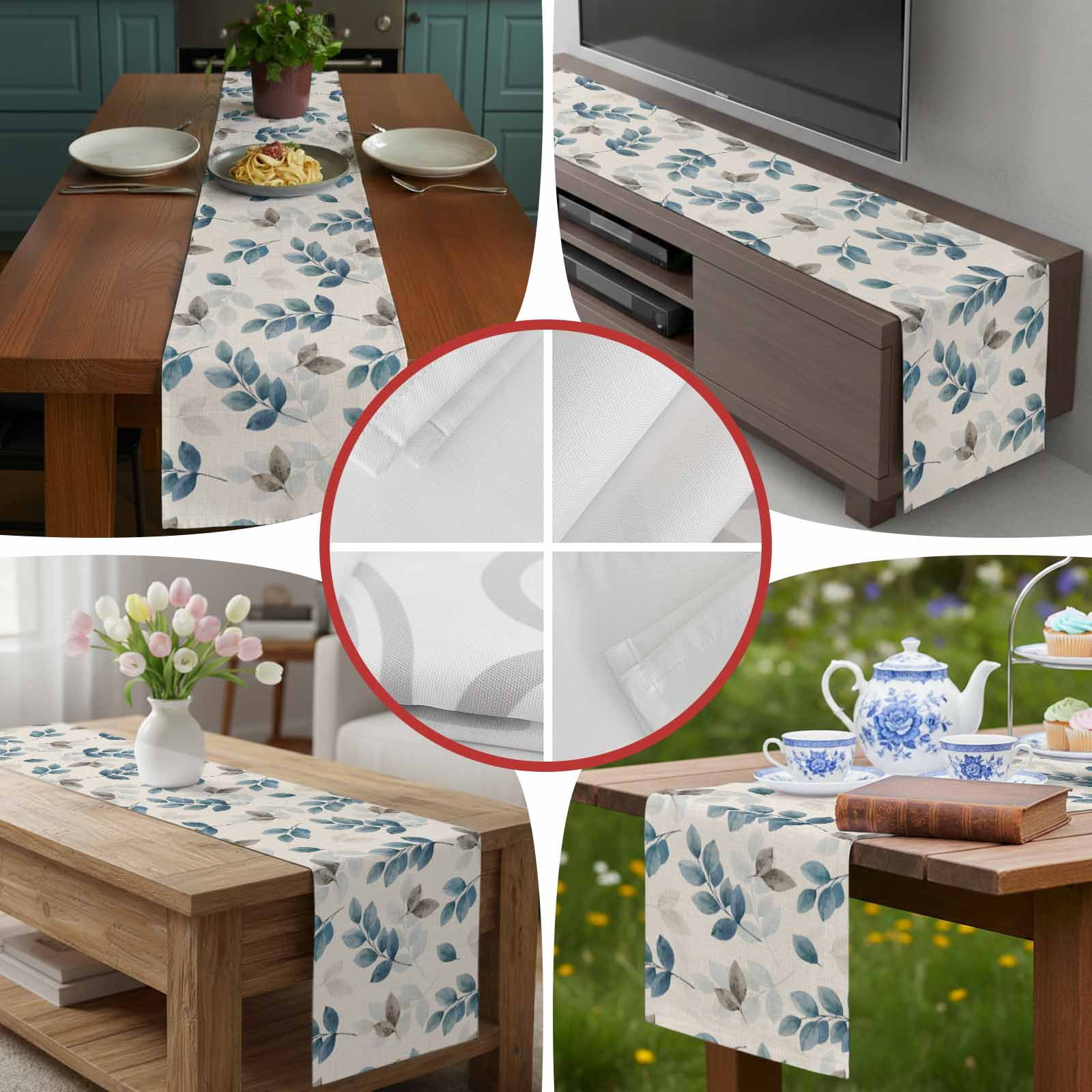 Watercolor Eucalyptus Leaves Blue Grey Table Runner 90 Inches Long, Country Botanical Retro Linen Table Runners Tabletop Scarf Kitchen Dining Tables Decoration for Home Party Indoor Outdoor