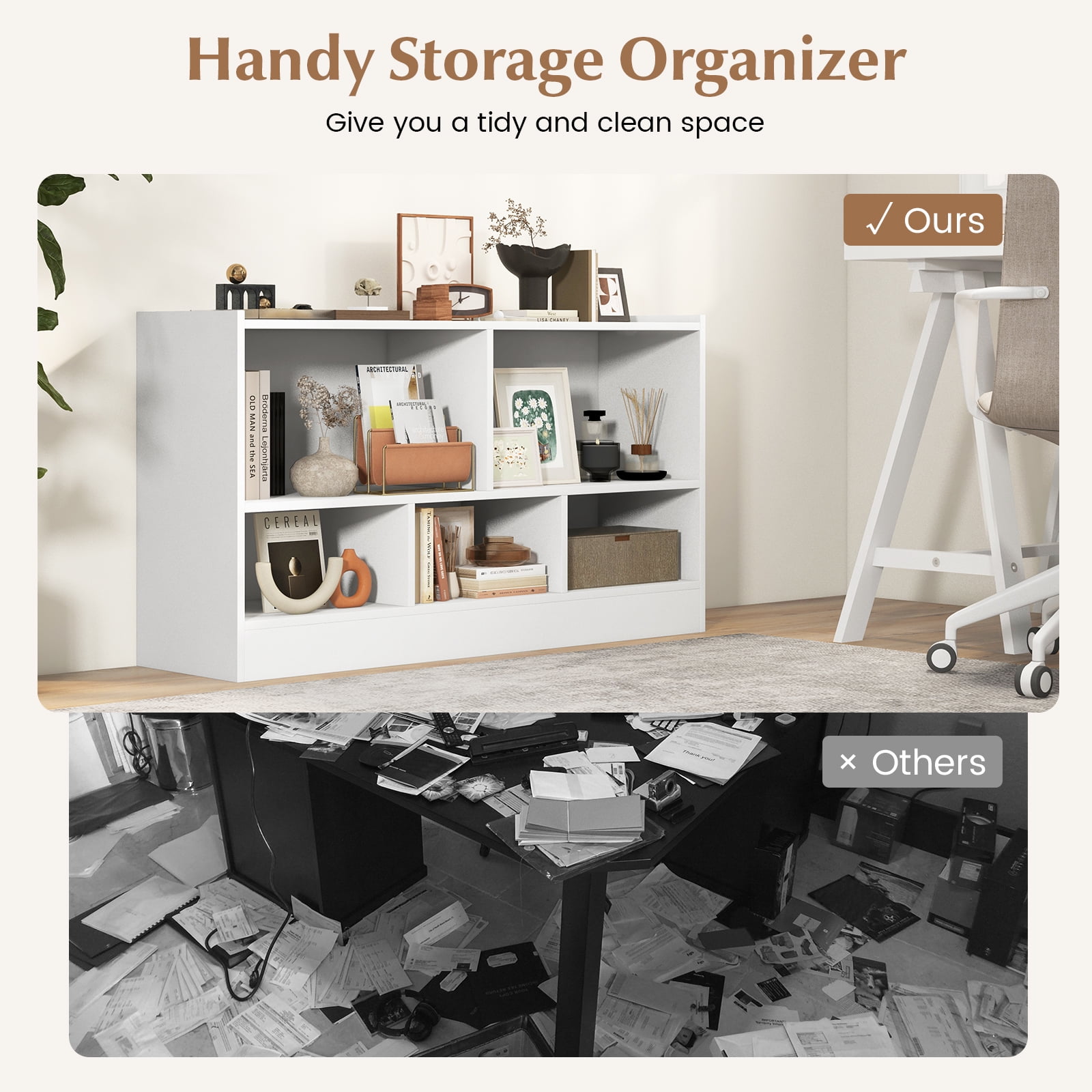 Costway 2-Tier Kids Bookcase with Spacious Top & Raised Base Toy Organizer with 5 Compartments Light White