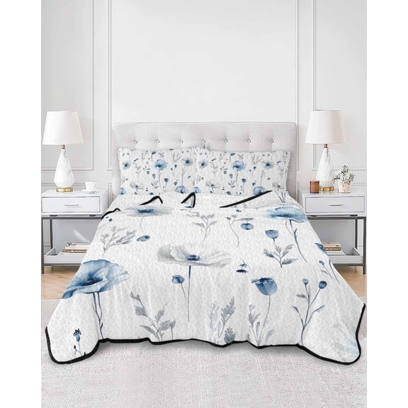 Quilts King Size, Blue Floral Spring Soft Comforter Bedding Set for Bed, Farmhouse Poppy Botanical Lightweight Quilted Bedspread with Pillow Cover(2 Pieces) for All Season, 96x106 Inch