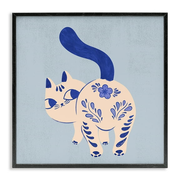 Stupell Industries Purrcelin Patterned Cat Animals Painting Black Framed Art Print Wall Art, 12 x 12