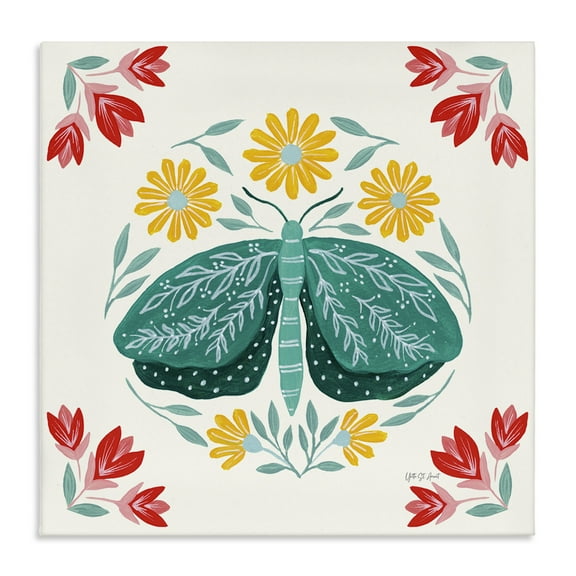 Stupell Industries Green Folk Butterfly Insects Painting Wrapped Canvas Art Print Wall Art, 17 x 17