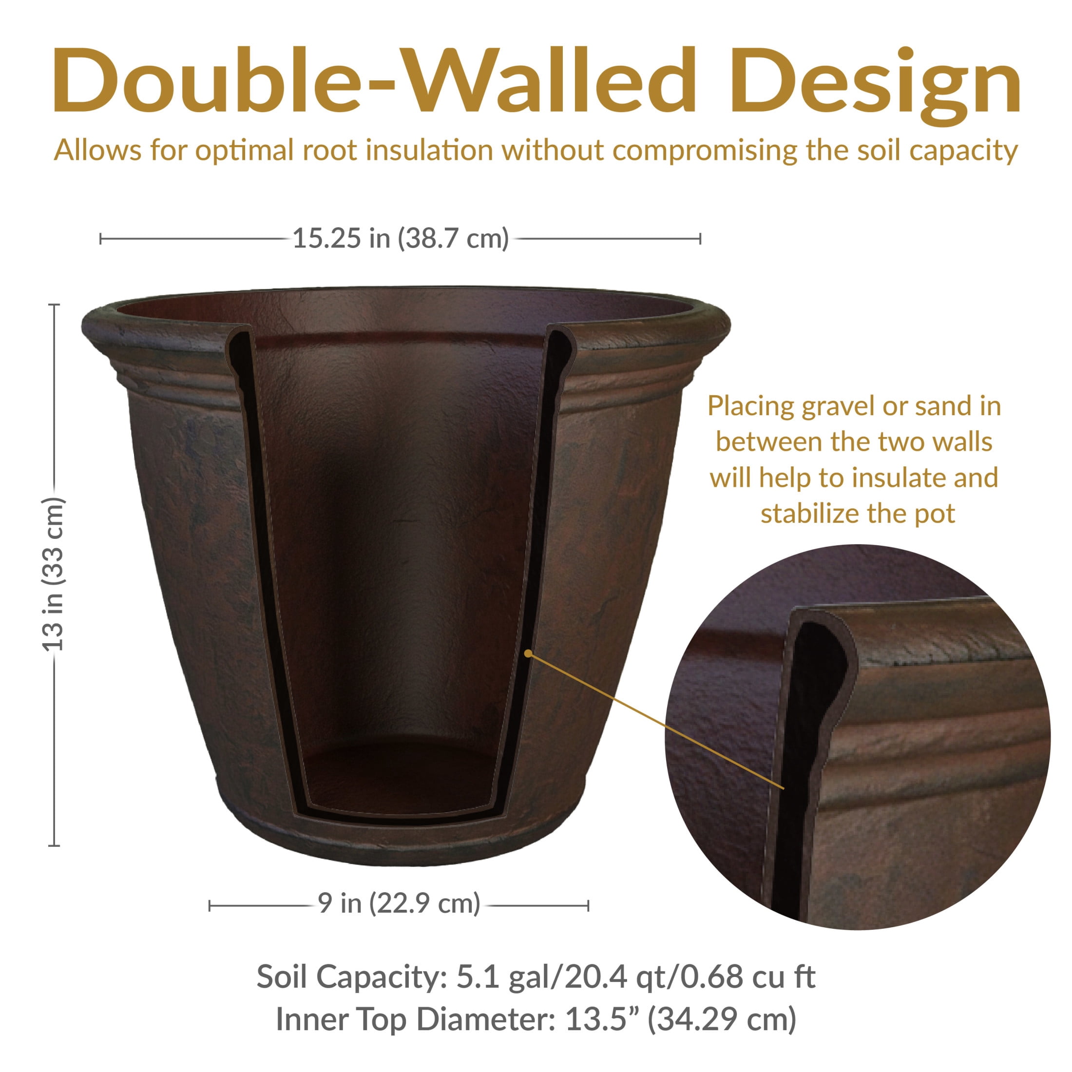 Sunnydaze Anjelica 15.25" x 15.25" x 12.75" Round Rust Polyresin Outdoor Planter Pot