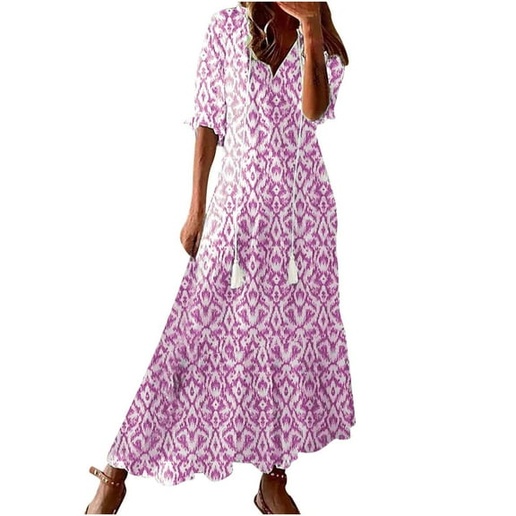 Women's loose V-neck Bohemian-style printed dress, mid-waist and mid-sleeve long dress