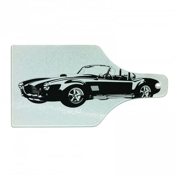 Cars Cutting Board, American Aged Vehicle with Wealth Properties Engine Print, Decorative Tempered Glass Cutting and Serving Board, Wine Bottle Shape, Black White, by Ambesonne