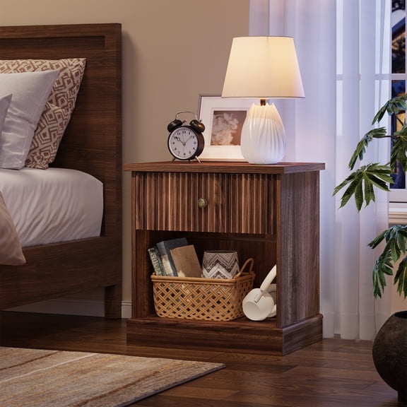 Fluted Nightstand with Drawers - Mid Century Modern Bedside Table with Storage, Perfect for Living Room Bedroom - Brown