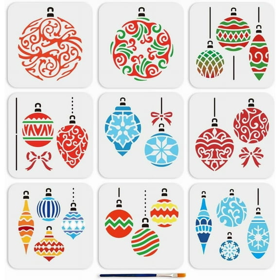 Christmas Ball Stencils 6x6 inch 9 Pieces with Paint Brush Holiday Ornament Templates