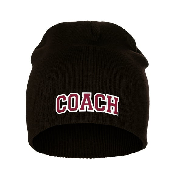 I&W Sports Team Coach Arch Letters Winter Knit Cuffless Beanie 3D Raised Layers, Brown Beanie White Red