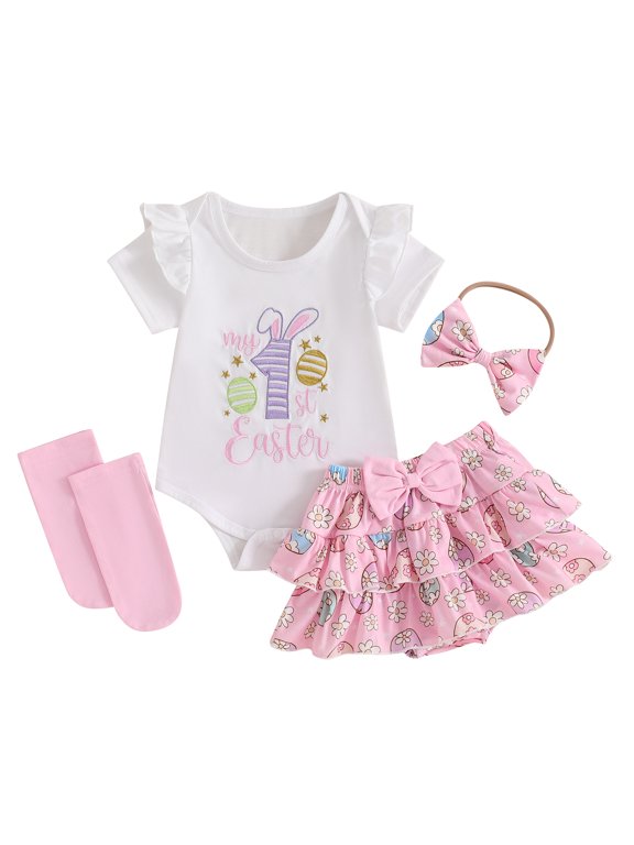 Baby Girl Outfit Letter Embroidery Fly Sleeve Romper + Bunny Skirt + Bow Headband + Socks 4Pcs Summer Clothes Set