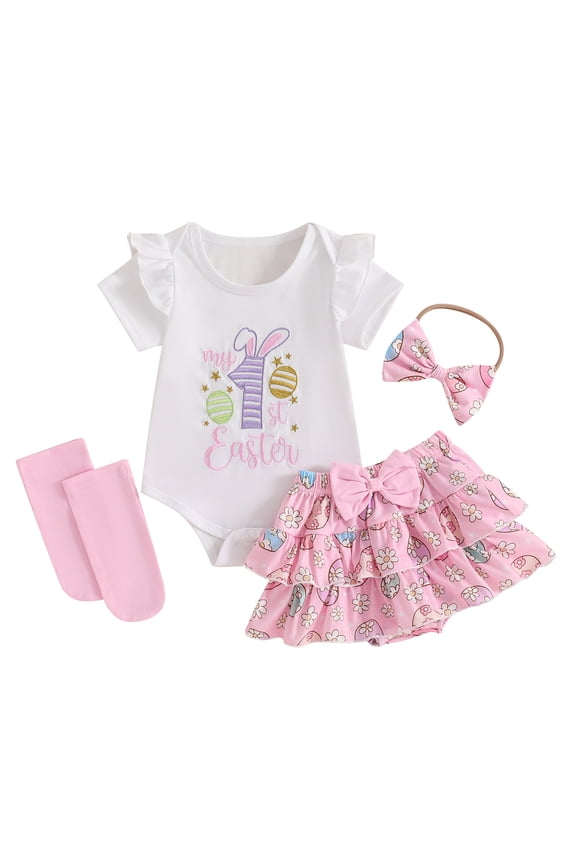 Baby Girl Outfit Letter Embroidery Fly Sleeve Romper + Bunny Skirt + Bow Headband + Socks 4Pcs Summer Clothes Set