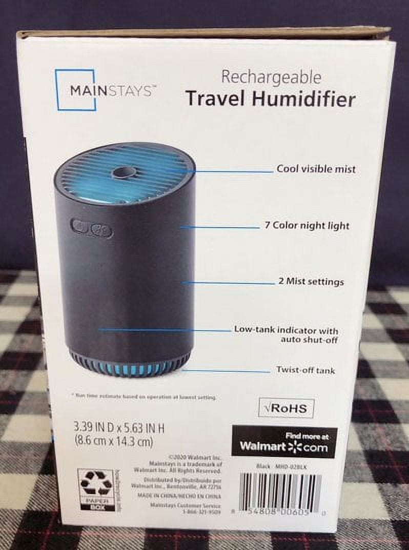 Mainstays Brand Rechargeable Cool Mist Travel Humidifier 320 ml with 7-color LED Lights, MHD-02BLK, Black Color , Home,Car, Office Humidifier