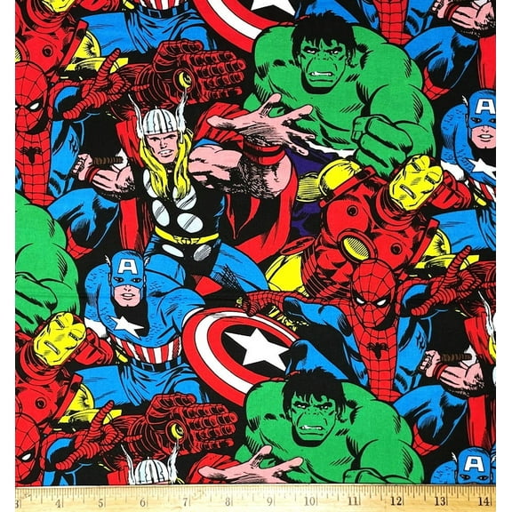 1 Fat Quarter - Marvel Hero Comic Collage Cotton Fabric - Hulk Spiderman Thor Ironman Captain America - 18" X 21"