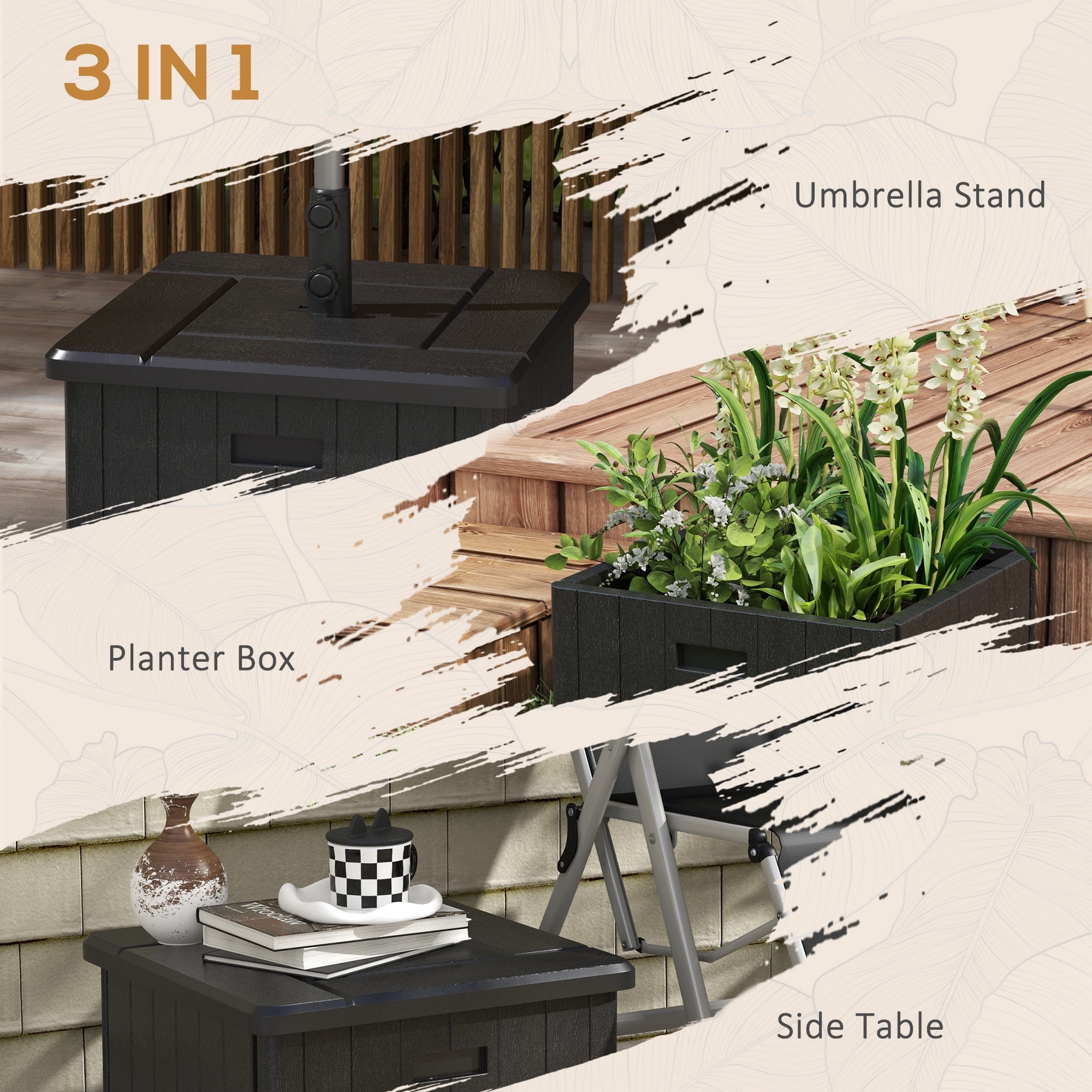 Outsunny 3-in-1 Outdoor Umbrella Base with Wheels and Handles, Coffee End Table, Flower Box Planter with Hole, 175 lbs. Capacity, Black