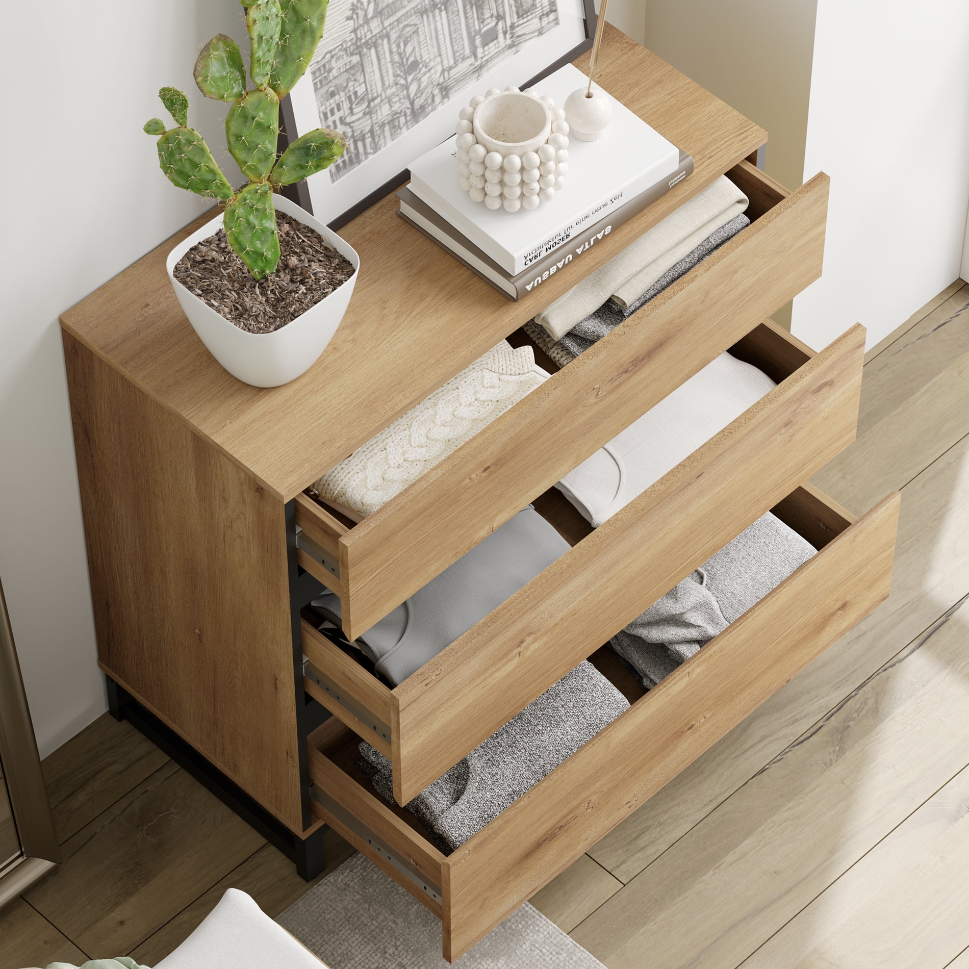 2 Pack Modern Rustic Wood Nightstand, 3 Drawers Bedside Table with Black Square Iron Legs, Oak
