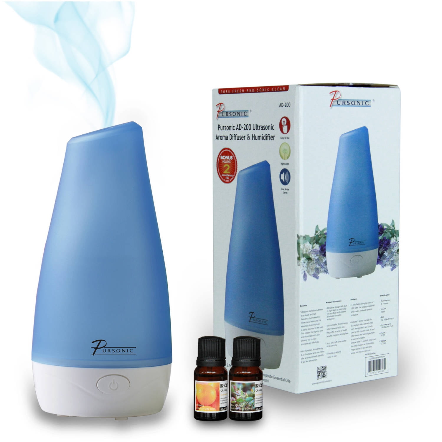 Pursonic Ultrasonic Aroma Diffuser With 2 Included Oils Walmart Com Walmart Com