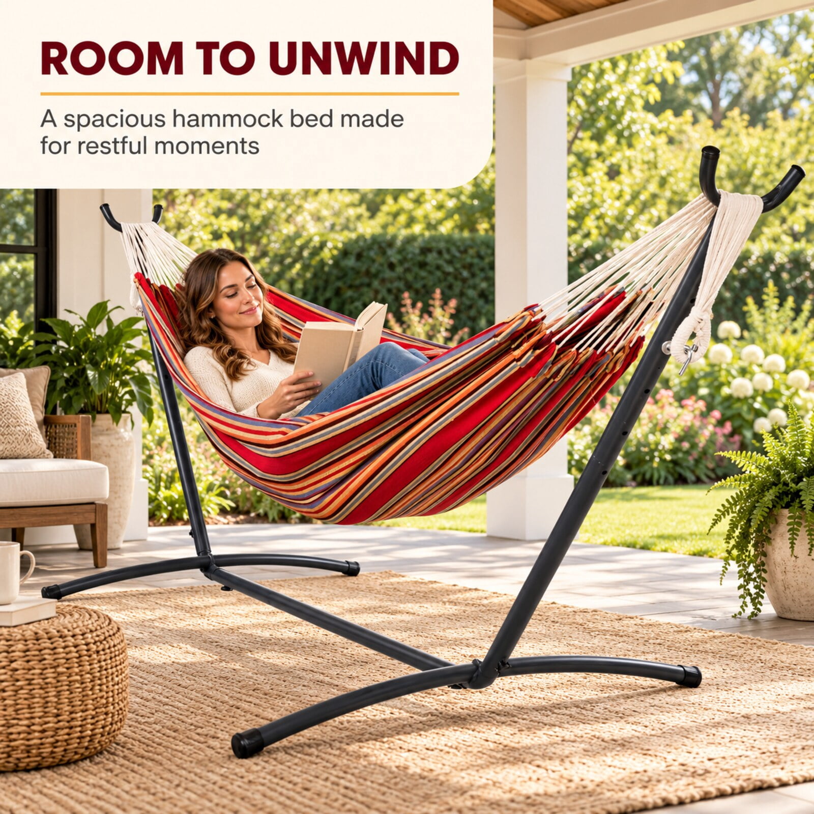 Inolait Portable Double Hammock with Stand, 2-Person Outdoor Hammock with Carrying Bag Stripe Pattern