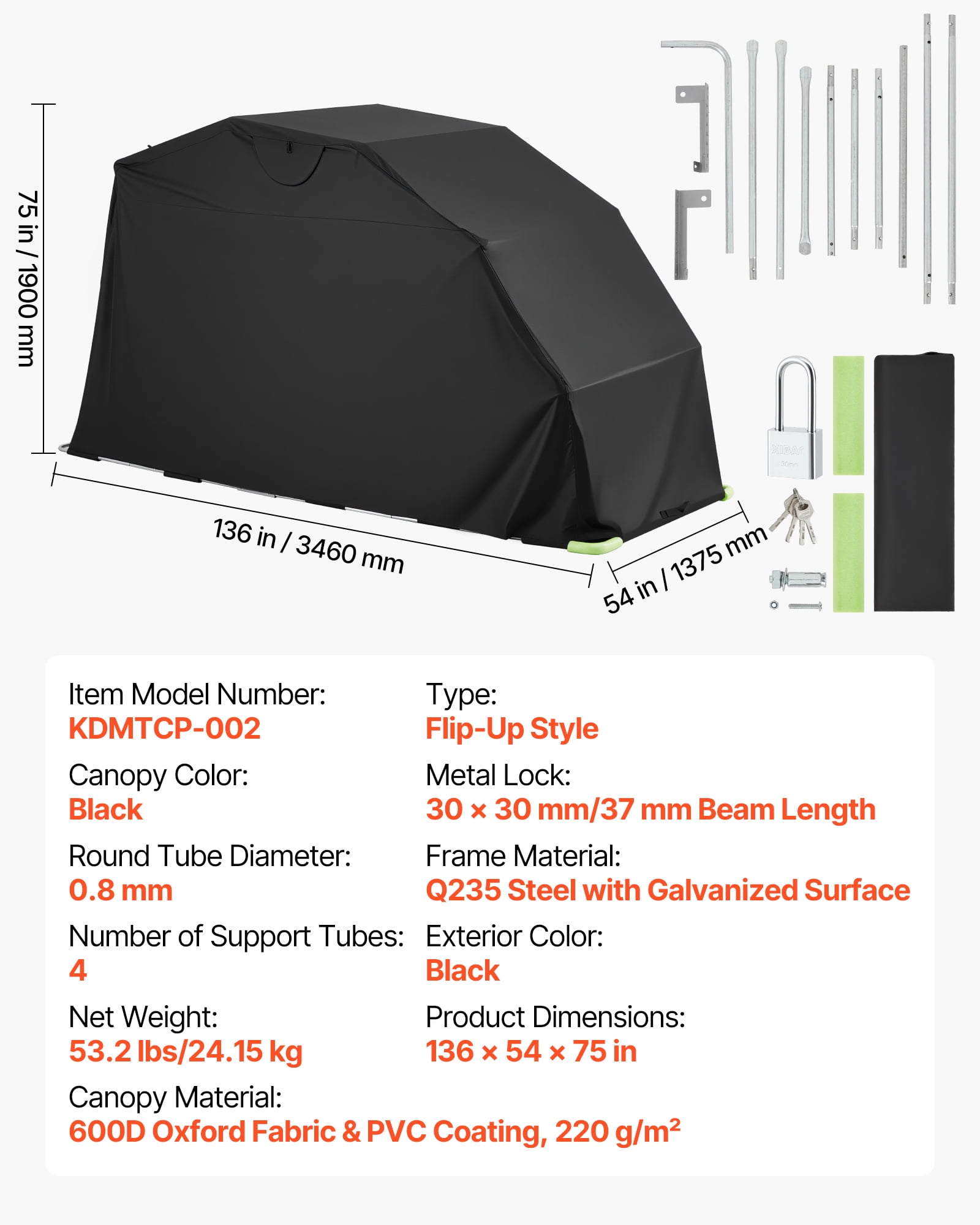 VEVOR Motorcycle Storage Shelter with Security Lock, 600D Oxford Flip-Up Garage Tent, Heavy-Duty All-Weather Motorcycle Cover with Ventilation Windows, 136x54x75 in Outdoor Vehicle Shelter, Black