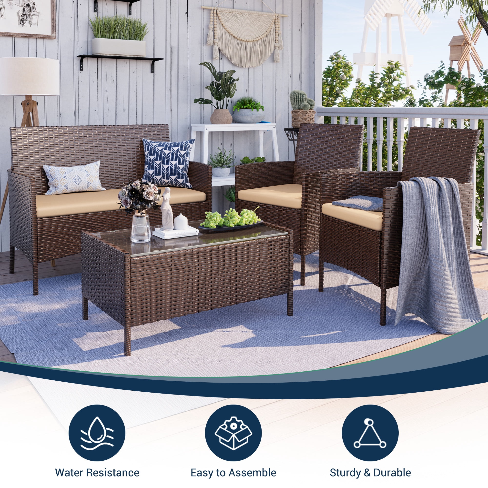 Elposun 4 Steel Sectional Outdoor Conversation Sets with Chair and Loveseat, Brown/Beige