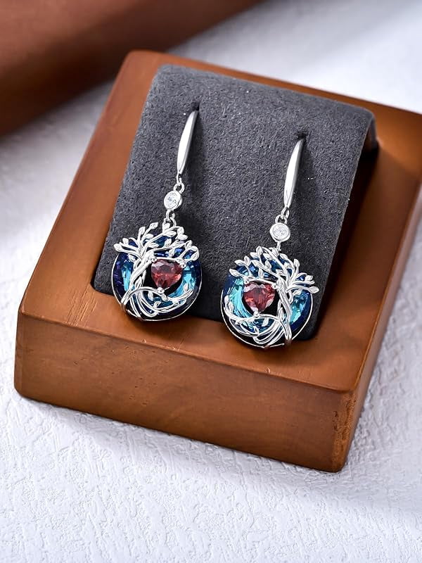 JKR Tree of Life Birthstone Earrings for Women 925 Sterling Silver Family Tree Dangle Earrings Austrian Crystal Jewelry Birthday Gifts for Her Girlfriend Wife Mom