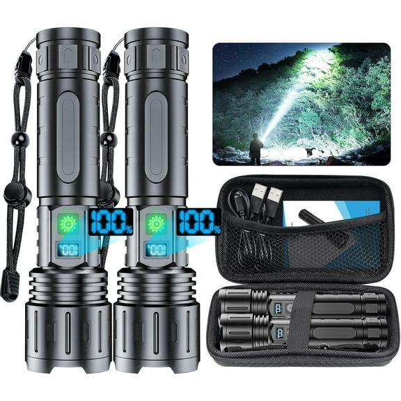 20000LM Super Bright Flashlight - 1500m Beam, USB Rechargeable, 5 Modes, IPX5, 20H Runtime, 2 Pack