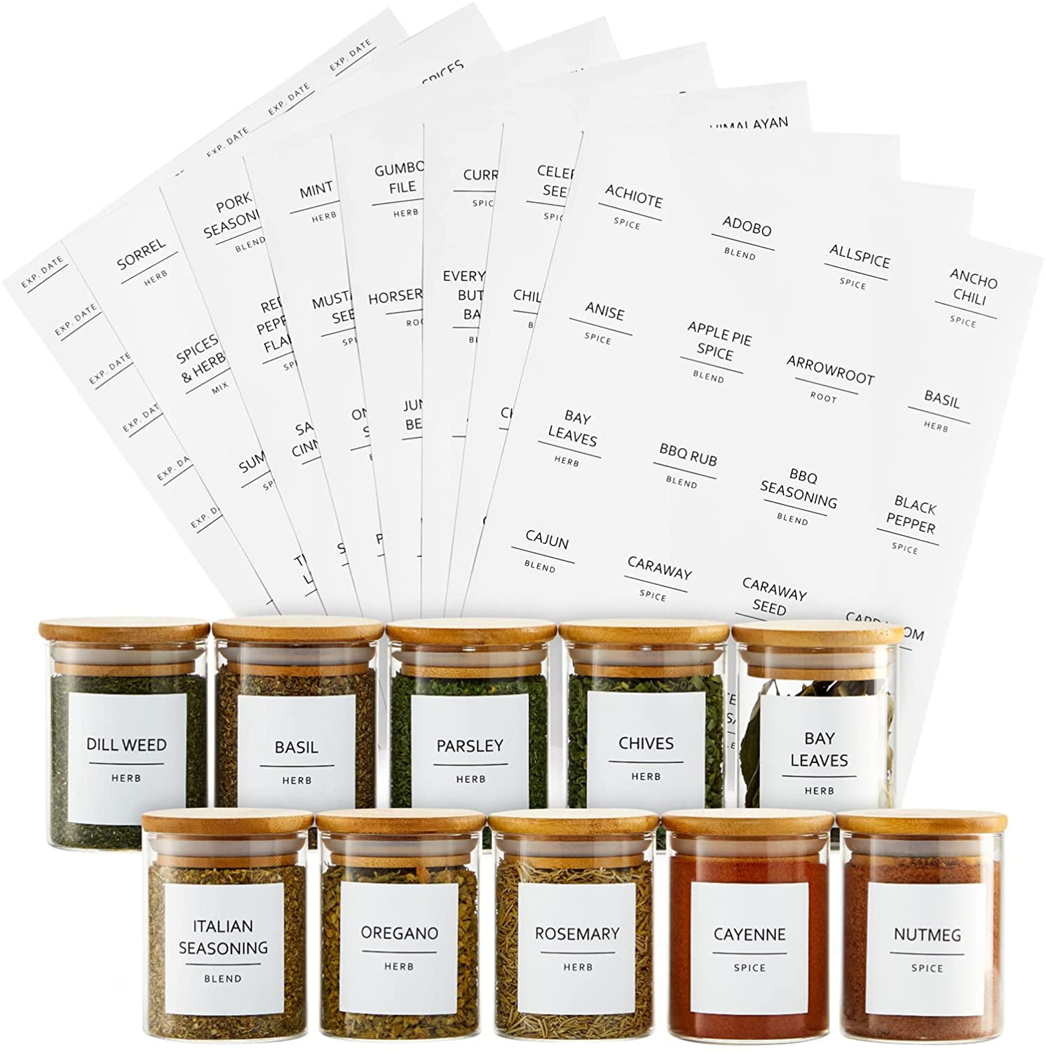 184 Spice Jar Labels Preprinted, Minimalist Black Text on White Square Seasoning Stickers with Names, Numbers, Expiration Date for Herb and Spice Rack ...