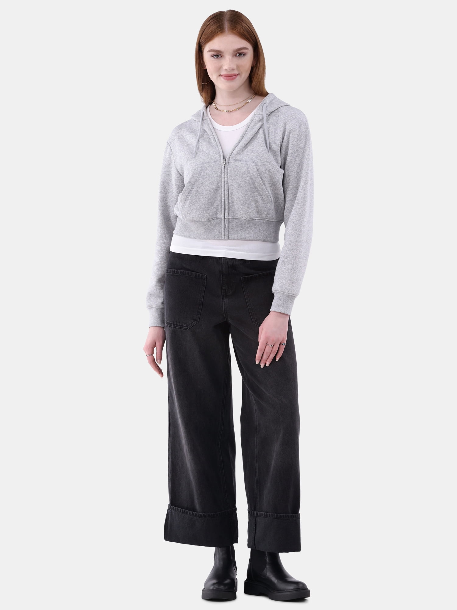 No Boundaries Cropped Fleece Zip Hoodie, Women’s