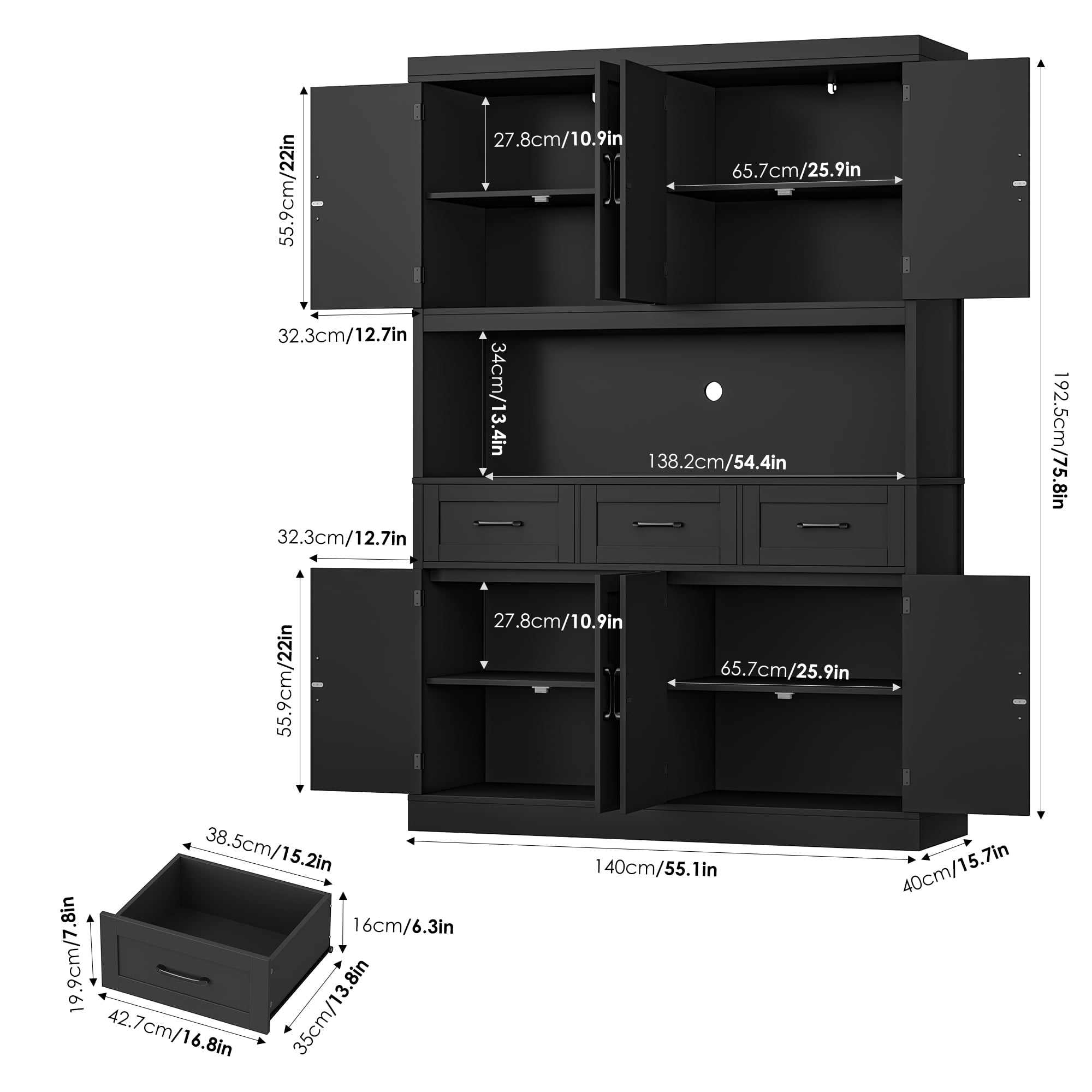 Homfa 76" Tall Kitchen Pantry Cabinet, Modern Storage Cabinet with Microwave Stand, Freestanding Cupboard with 3 drawers, Hutch Cabinet for Living Dining Room, Black