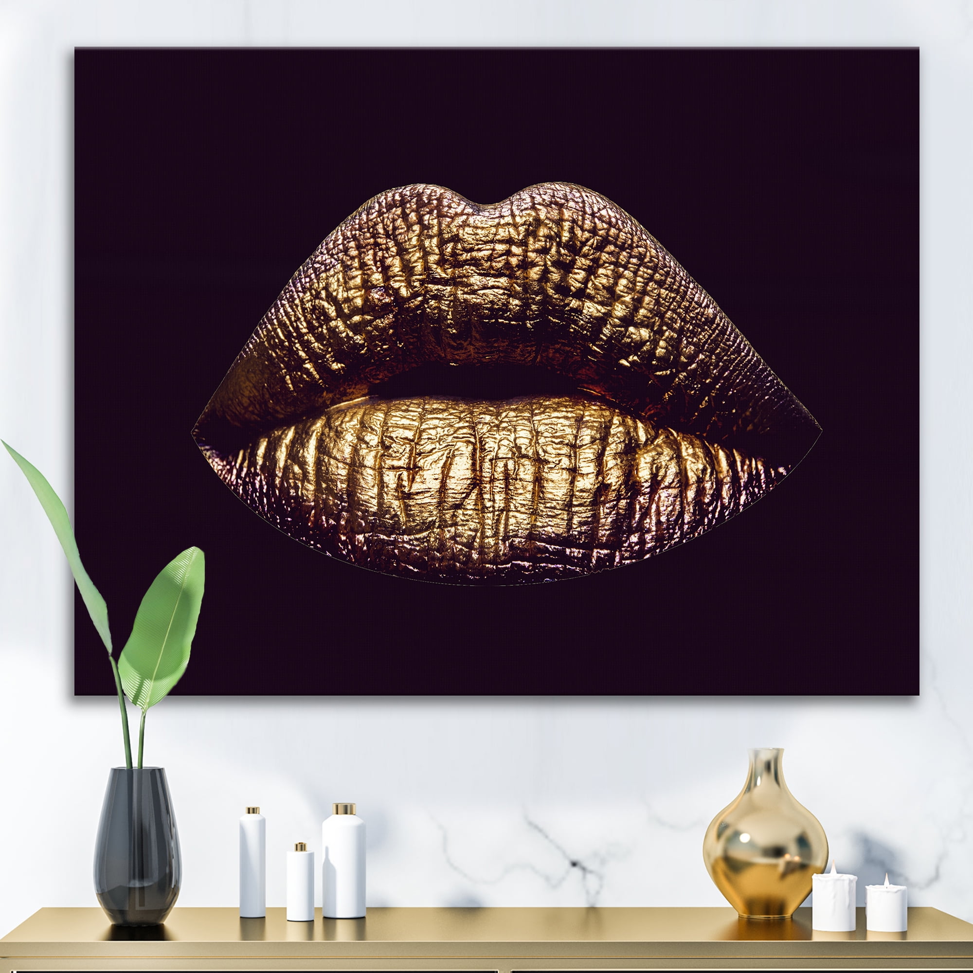 Designart ' Sexy Golden Metallized Woman Lips II ' Modern Canvas Wall Art Print