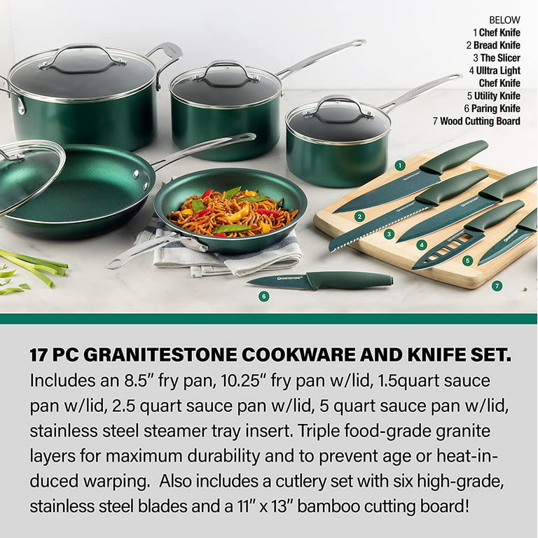 Granitestone Nonstick Pots and Pans Set Cookware Set Knife Set 17Pcs Emerald  