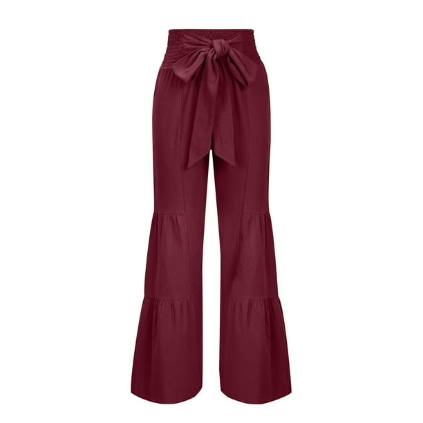 Womens High Waisted Palazzo Pants Solid Front Self Tie Knot Cotton Linen  Wide Leg Pants Boho Beach Flowy Trousers