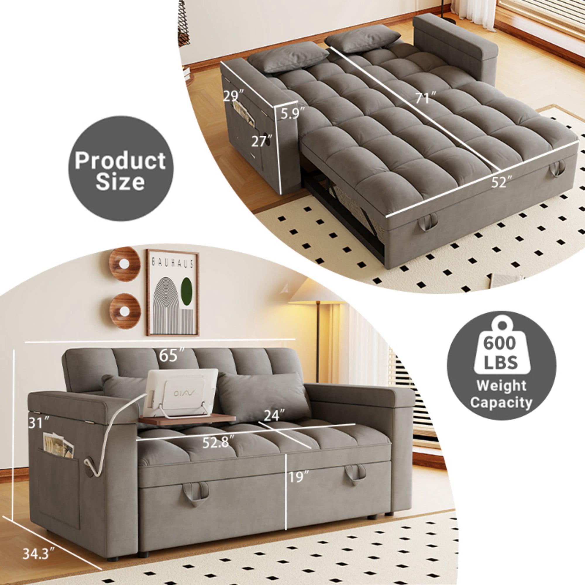 Gewnee 65" Foldable Sofa Bed with Table Board & USB,5-Level Adjustable Backrest & Pillow & Storage Armrests,Space-Saving for Living Room,Apartment,Office.Dark Grey