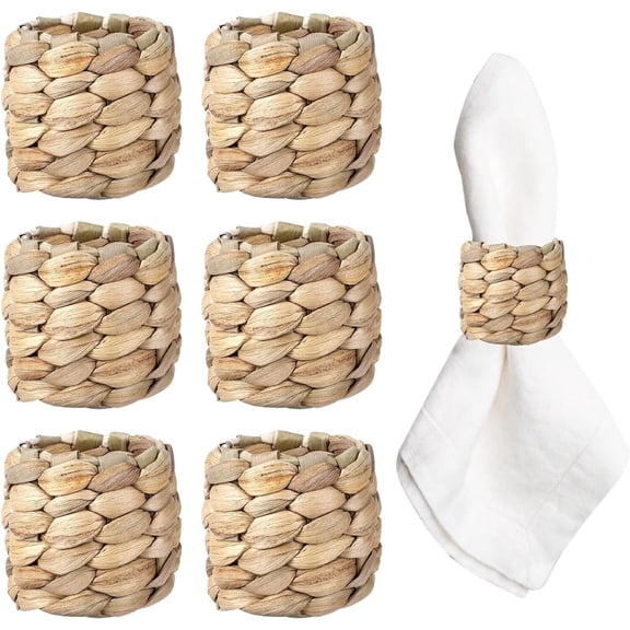 JIAYUEZHAO Round Woven Water Hyacinth Rustic Napkin Rings, Napkin Holder Buckles for Holiday Party, Easter, Birthday, Thanksgiving, 6 Pack